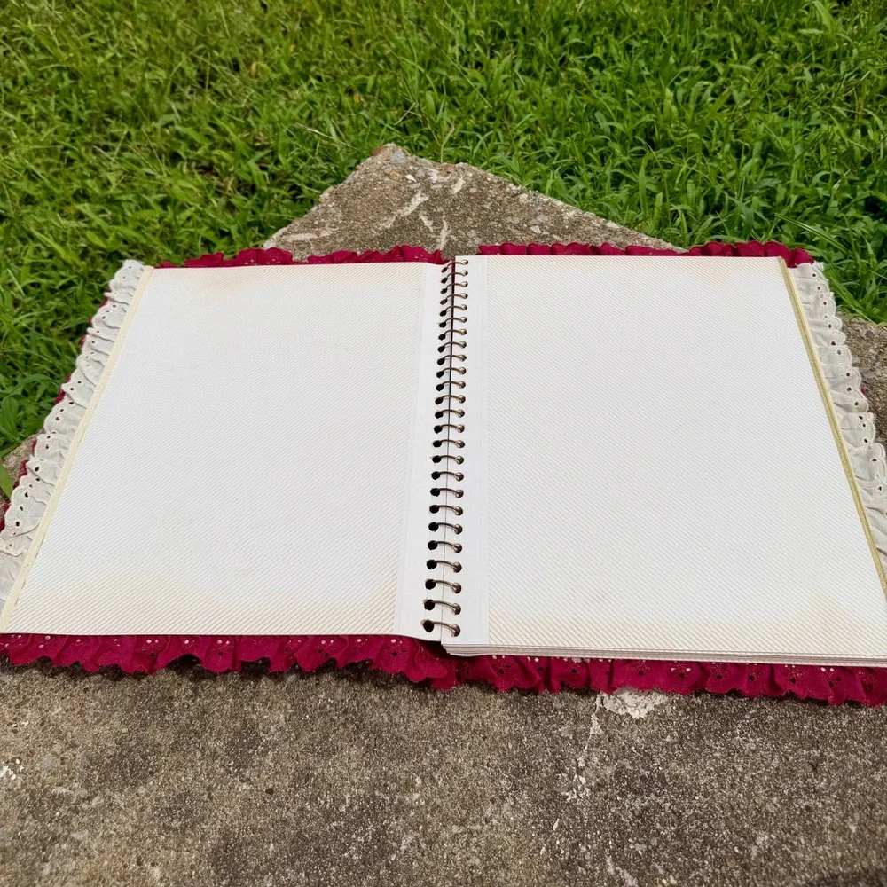 Vintage Floral Fabric Photo Album Scrapbook Burgundy Eyelet Lace Cottagecore